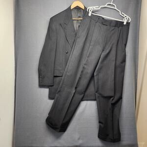 Hart Schaffner Marx Suit Mens 44R Double Breasted 34x31 Pleat Cuffed Black Wool